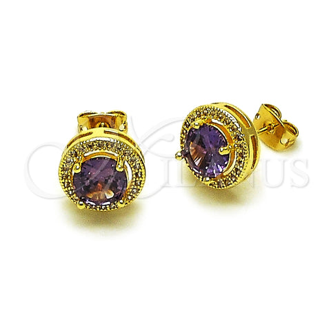 Oro Laminado Stud Earring, Gold Filled Style Cluster Design, with Amethyst Cubic Zirconia and White Micro Pave, Polished, Golden Finish, 02.213.0835.1