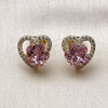 Oro Laminado Stud Earring, Gold Filled Style Heart and Flower Design, with Pink Cubic Zirconia and White Micro Pave, Polished, Golden Finish, 02.213.0144.1