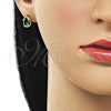 Oro Laminado Stud Earring, Gold Filled Style Cluster and Teardrop Design, with Green and White Cubic Zirconia, Polished, Golden Finish, 02.213.0839