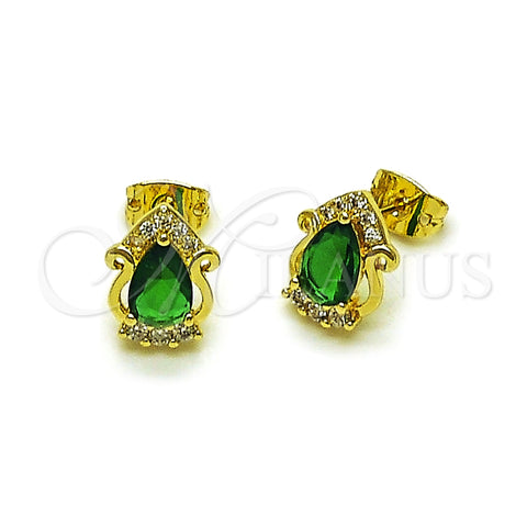 Oro Laminado Stud Earring, Gold Filled Style Cluster and Teardrop Design, with Green and White Cubic Zirconia, Polished, Golden Finish, 02.213.0839