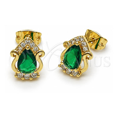 Oro Laminado Stud Earring, Gold Filled Style Cluster and Teardrop Design, with Green and White Cubic Zirconia, Polished, Golden Finish, 02.213.0839