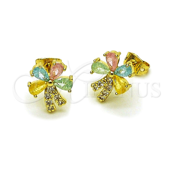 Oro Laminado Stud Earring, Gold Filled Style Flower Design, with Multicolor and White Cubic Zirconia, Polished, Golden Finish, 02.213.0840