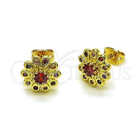 Oro Laminado Stud Earring, Gold Filled Style Flower and Cluster Design, with Multicolor Cubic Zirconia, Polished, Golden Finish, 02.213.0843