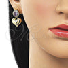 Oro Laminado Dangle Earring, Gold Filled Style Heart and Cluster Design, with Amethyst and White Cubic Zirconia, Polished, Golden Finish, 02.213.0844