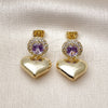 Oro Laminado Dangle Earring, Gold Filled Style Heart and Cluster Design, with Amethyst and White Cubic Zirconia, Polished, Golden Finish, 02.213.0844