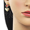 Oro Laminado Dangle Earring, Gold Filled Style Heart and Cluster Design, with Garnet and White Cubic Zirconia, Polished, Golden Finish, 02.213.0844.1