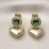 Oro Laminado Dangle Earring, Gold Filled Style Heart and Cluster Design, with Green and White Cubic Zirconia, Polished, Golden Finish, 02.213.0844.2