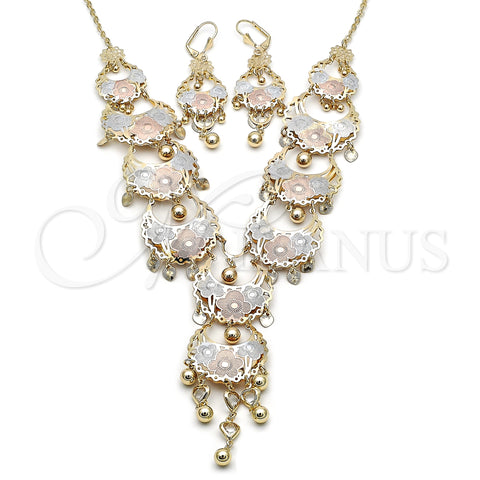 Oro Laminado Necklace and Earring, Gold Filled Style Flower and Heart Design, with White Crystal, Diamond Cutting Finish, Tricolor, 06.331.0011