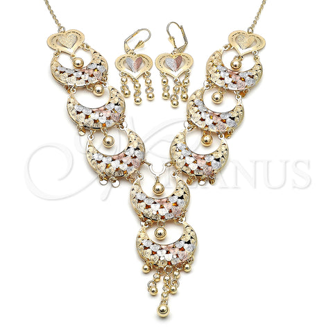 Oro Laminado Necklace and Earring, Gold Filled Style Heart and Ball Design, Diamond Cutting Finish, Tricolor, 06.331.0012