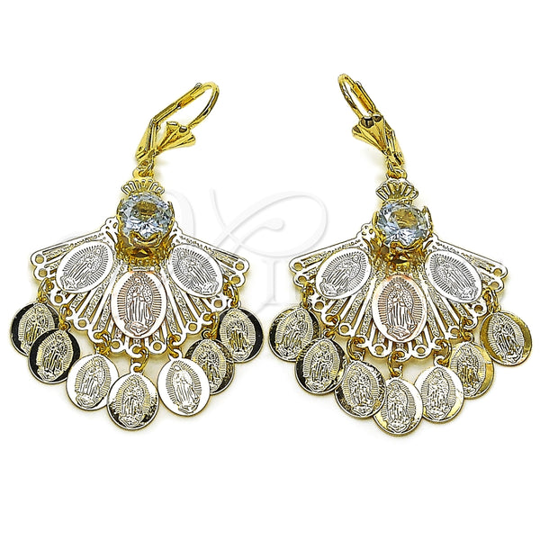Oro Laminado Long Earring, Gold Filled Style Guadalupe Design, with White Cubic Zirconia, Diamond Cutting Finish, Tricolor, 02.331.0059