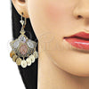 Oro Laminado Long Earring, Gold Filled Style Guadalupe Design, with White Cubic Zirconia, Diamond Cutting Finish, Tricolor, 02.331.0059