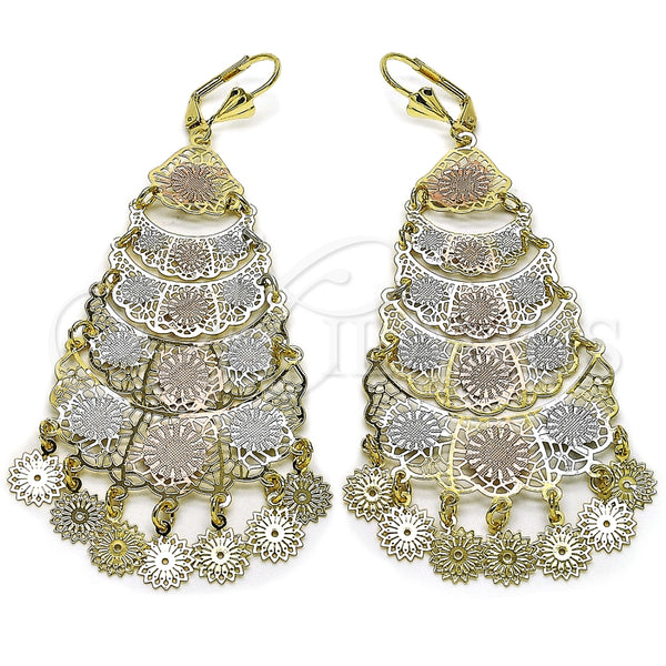 Oro Laminado Chandelier Earring, Gold Filled Style Flower Design, Polished, Tricolor, 02.331.0060