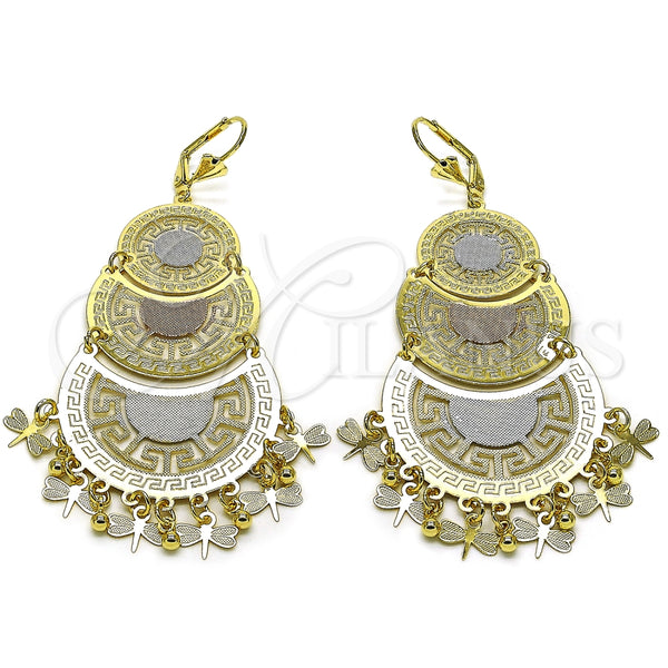 Oro Laminado Chandelier Earring, Gold Filled Style Greek Key and Dragon-Fly Design, Matte Finish, Tricolor, 02.331.0061