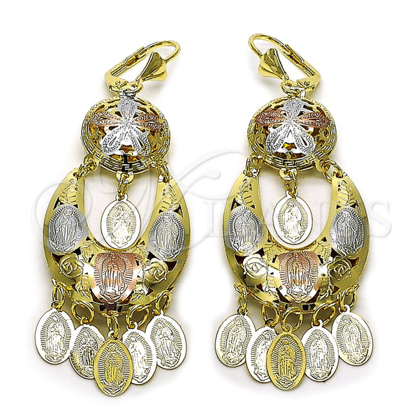 Oro Laminado Chandelier Earring, Gold Filled Style Guadalupe and Flower Design, Polished, Tricolor, 02.331.0063