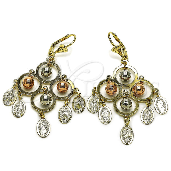 Oro Laminado Chandelier Earring, Gold Filled Style Guadalupe and Ball Design, Polished, Tricolor, 02.331.0065