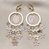 Oro Laminado Chandelier Earring, Gold Filled Style Guadalupe and Flower Design, Diamond Cutting Finish, Tricolor, 02.331.0067