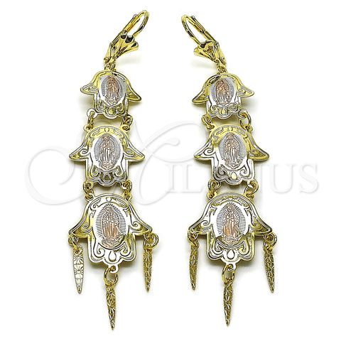 Oro Laminado Chandelier Earring, Gold Filled Style Hand of God and Guadalupe Design, Polished, Tricolor, 02.331.0068