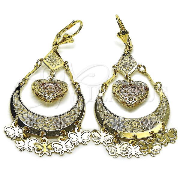 Oro Laminado Chandelier Earring, Gold Filled Style Heart and Butterfly Design, Matte Finish, Tricolor, 02.331.0070