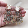 Oro Laminado Chandelier Earring, Gold Filled Style Guadalupe Design, with White Crystal, Polished, Tricolor, 02.331.0071