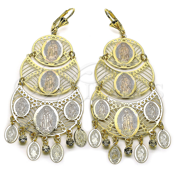 Oro Laminado Chandelier Earring, Gold Filled Style Guadalupe Design, with White Crystal, Polished, Tricolor, 02.331.0071