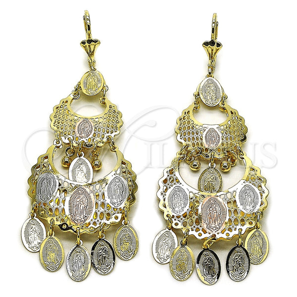 Oro Laminado Chandelier Earring, Gold Filled Style Guadalupe Design, Diamond Cutting Finish, Tricolor, 02.331.0072