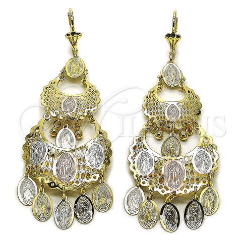 Oro Laminado Chandelier Earring, Gold Filled Style Guadalupe Design, Diamond Cutting Finish, Tricolor, 02.331.0072