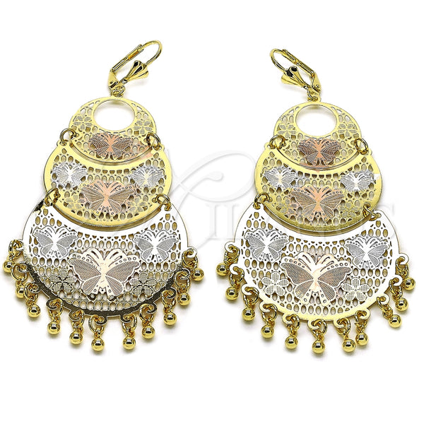 Oro Laminado Chandelier Earring, Gold Filled Style Butterfly and Flower Design, Diamond Cutting Finish, Tricolor, 02.331.0073