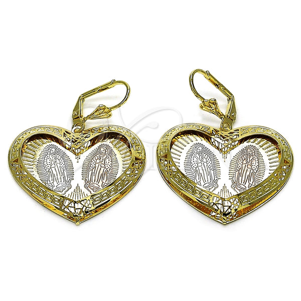 Oro Laminado Dangle Earring, Gold Filled Style Heart and Guadalupe Design, Diamond Cutting Finish, Tricolor, 02.331.0075