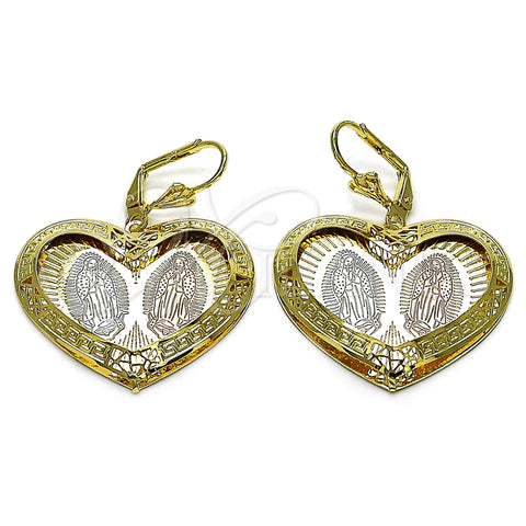 Oro Laminado Dangle Earring, Gold Filled Style Heart and Guadalupe Design, Diamond Cutting Finish, Tricolor, 02.331.0075