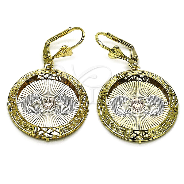 Oro Laminado Dangle Earring, Gold Filled Style Dolphin and Heart Design, Diamond Cutting Finish, Tricolor, 02.331.0076
