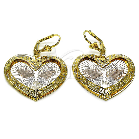 Oro Laminado Dangle Earring, Gold Filled Style Heart and Butterfly Design, Diamond Cutting Finish, Tricolor, 02.331.0077