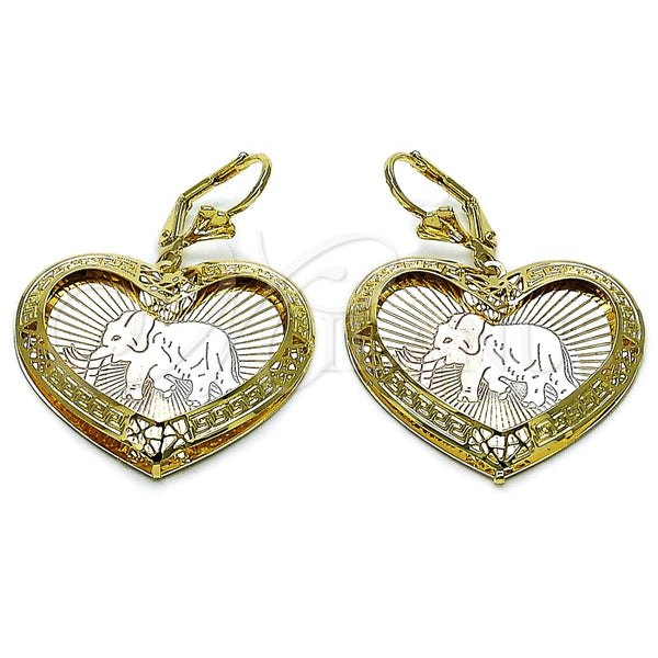Oro Laminado Dangle Earring, Gold Filled Style Heart and Elephant Design, Diamond Cutting Finish, Tricolor, 02.331.0078