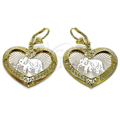 Oro Laminado Dangle Earring, Gold Filled Style Heart and Elephant Design, Diamond Cutting Finish, Tricolor, 02.331.0078