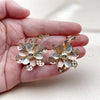 Oro Laminado Dangle Earring, Gold Filled Style Flower and Guadalupe Design, Diamond Cutting Finish, Tricolor, 02.331.0079