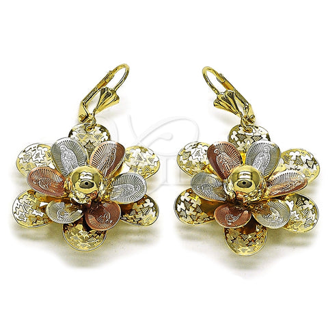 Oro Laminado Dangle Earring, Gold Filled Style Flower and Guadalupe Design, Diamond Cutting Finish, Tricolor, 02.331.0079