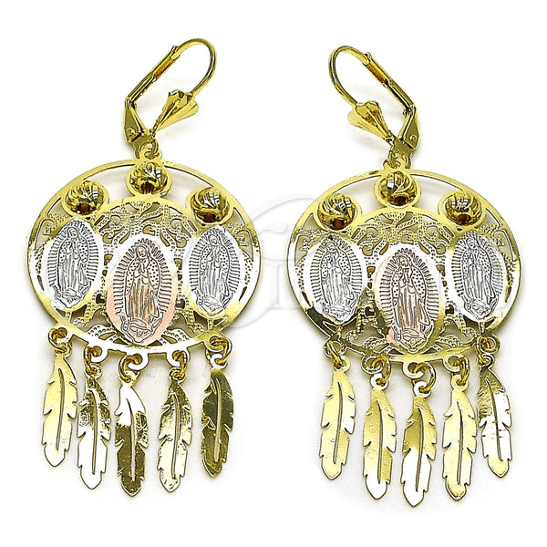 Oro Laminado Chandelier Earring, Gold Filled Style Guadalupe and Leaf Design, Diamond Cutting Finish, Tricolor, 02.331.0080