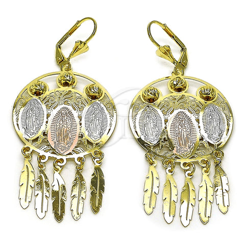 Oro Laminado Chandelier Earring, Gold Filled Style Guadalupe and Leaf Design, Diamond Cutting Finish, Tricolor, 02.331.0080