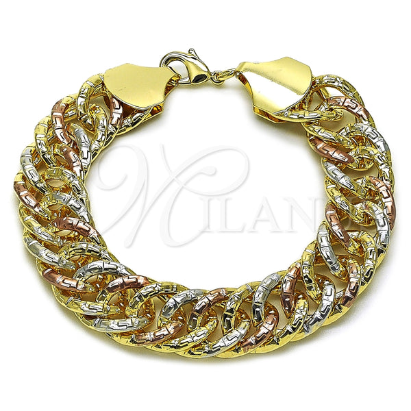 Oro Laminado Solid Bracelet, Gold Filled Style Greek Key Design, Polished, Tricolor, 03.331.0334.09