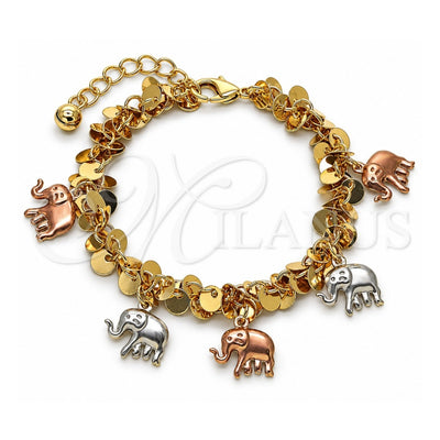 Oro Laminado Charm Bracelet, Gold Filled Style Elephant Design, Polished, Tricolor, 03.331.0335.07 (06 MM Thickness, 7 Inches Length)