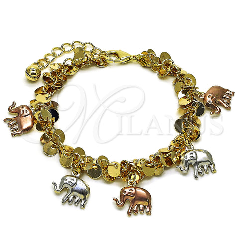 Oro Laminado Charm Bracelet, Gold Filled Style Elephant Design, Polished, Tricolor, 03.331.0335.07 (06 MM Thickness, 7 Inches Length)