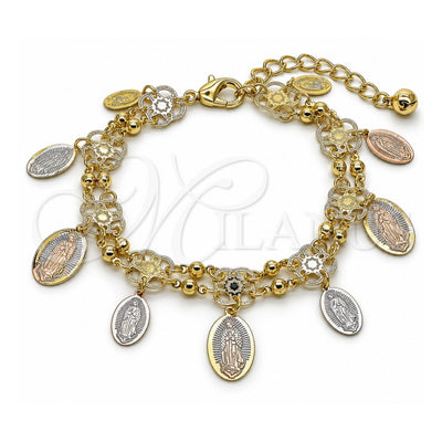 Oro Laminado Charm Bracelet, Gold Filled Style Guadalupe Design, Matte Finish, Tricolor, 03.331.0336.07 (10 MM Thickness, 8 Inches Length)