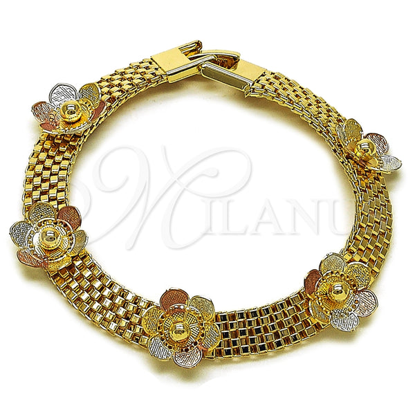 Oro Laminado Fancy Bracelet, Gold Filled Style Flower Design, Polished, Tricolor, 03.331.0337.07