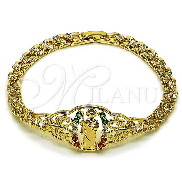Oro Laminado Fancy Bracelet, Gold Filled Style San Judas and Butterfly Design, with Multicolor Cubic Zirconia, Polished, Golden Finish, 03.283.0412.1.07