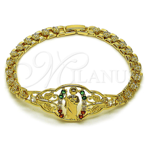 Oro Laminado Fancy Bracelet, Gold Filled Style San Judas and Butterfly Design, with Multicolor Cubic Zirconia, Polished, Golden Finish, 03.283.0412.1.07 (06 MM Thickness, 7 Inches Length)