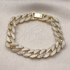 Oro Laminado Fancy Bracelet, Gold Filled Style Miami Cuban Design, with White Cubic Zirconia, Polished, Golden Finish, 03.283.0488.07