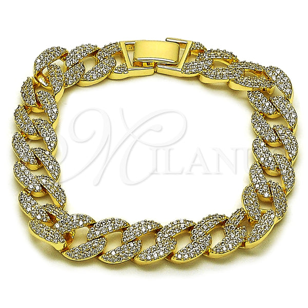 Oro Laminado Fancy Bracelet, Gold Filled Style Miami Cuban Design, with White Cubic Zirconia, Polished, Golden Finish, 03.283.0488.07