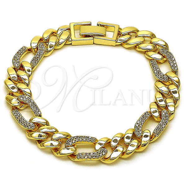 Oro Laminado Fancy Bracelet, Gold Filled Style Figaro Design, with White Cubic Zirconia, Polished, Golden Finish, 03.283.0489.0.7
