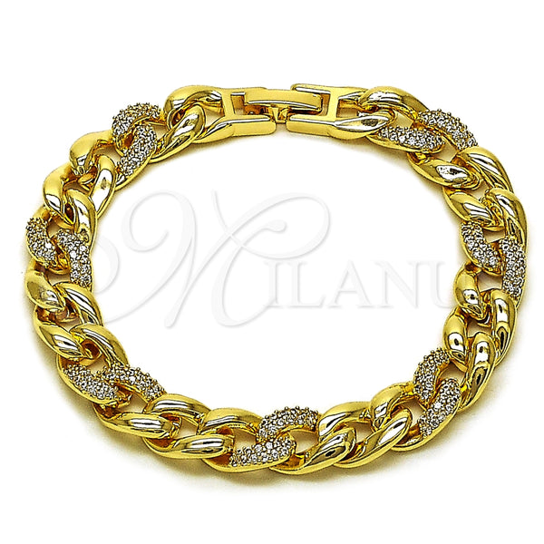 Oro Laminado Fancy Bracelet, Gold Filled Style Miami Cuban Design, with White Cubic Zirconia, Polished, Golden Finish, 03.283.0490.07