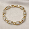Oro Laminado Fancy Bracelet, Gold Filled Style Puff Mariner and Figaro Design, with White Cubic Zirconia, Polished, Golden Finish, 03.283.0491.07