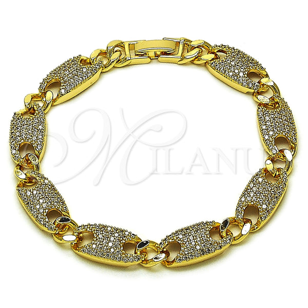 Oro Laminado Fancy Bracelet, Gold Filled Style Puff Mariner and Figaro Design, with White Cubic Zirconia, Polished, Golden Finish, 03.283.0491.07